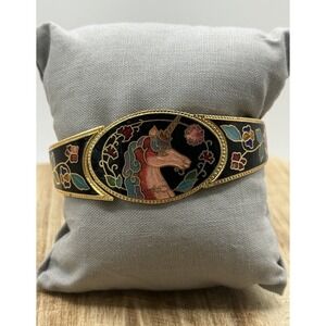 Vintage Cloisonné Enamel Unicorn Hinged Bangle Bracelet Gold Tone Floral Fantasy